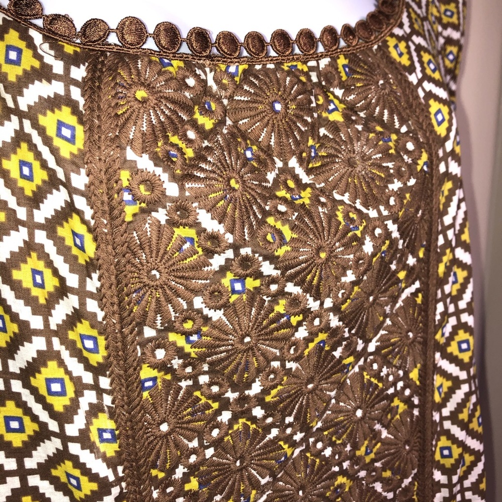 Tory Burch Brown Yellow Diamond Geometric Pattern Embroidered Trim Top Size 6 - Picture 3 of 7